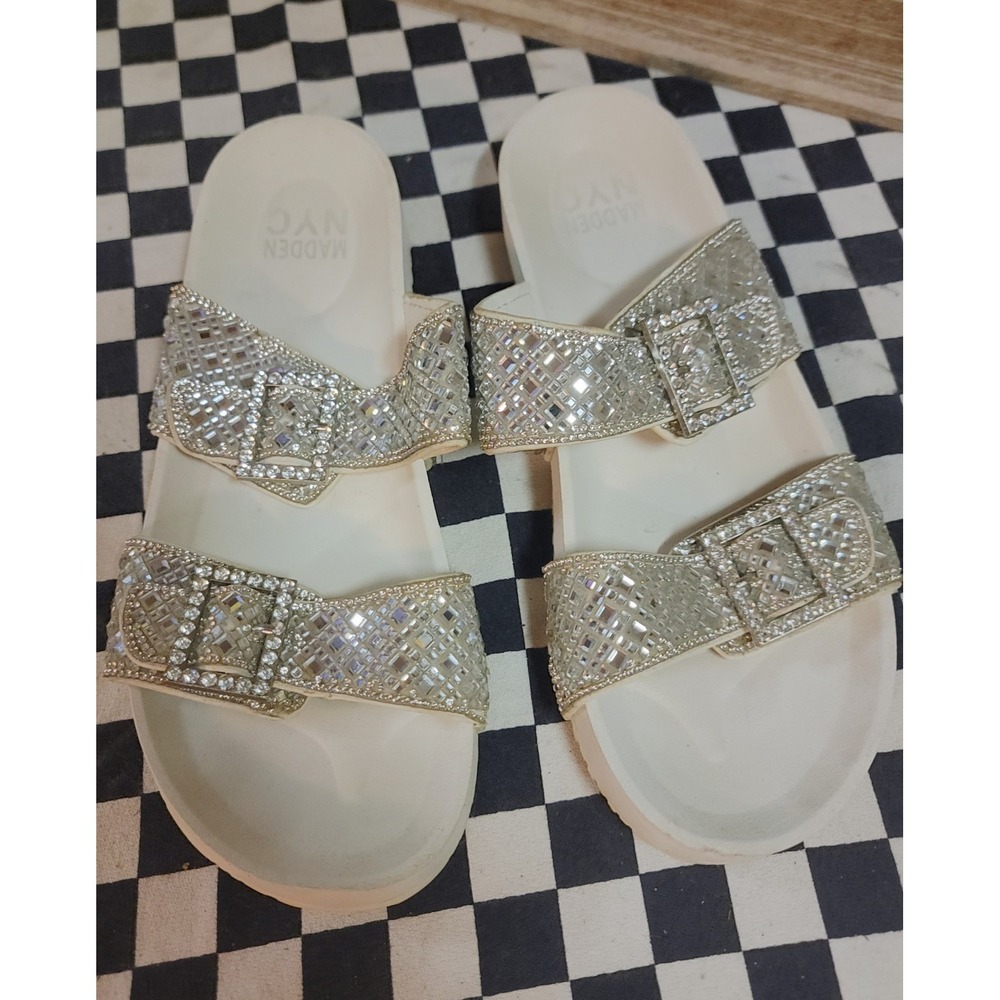 Madden NYC Women's Rhinestone Double Buckle Slide Sandals White Size 8.5
